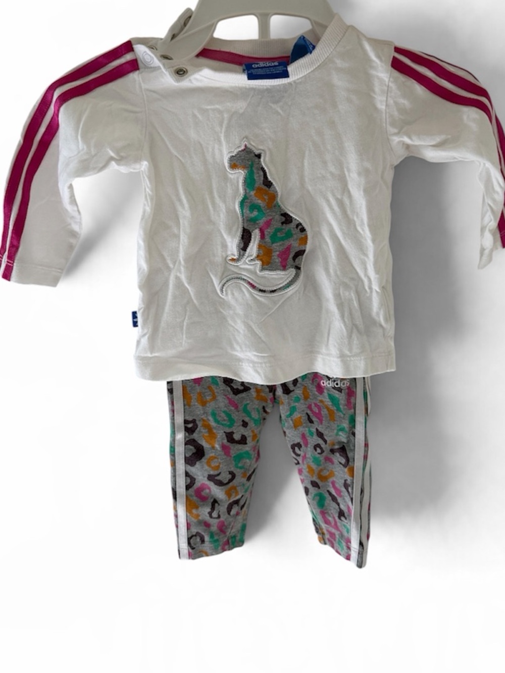 adidas White Long-Sleeve Top with Pink Shoulder Stripes & Colorful Cat Applique